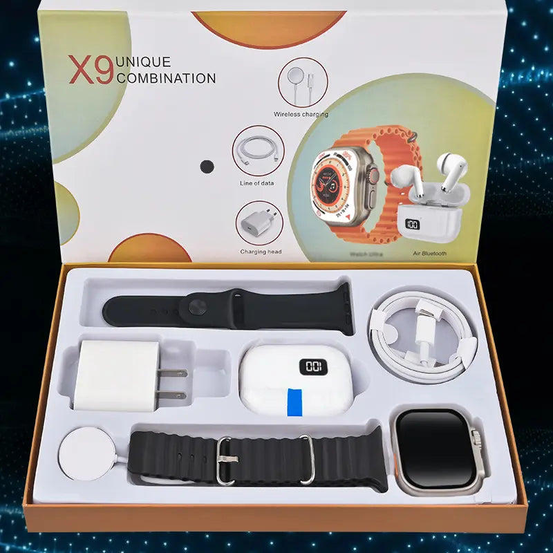 6-in-1 Smartwatch Kit – Watch, earbuds, fast charger, cable, adapter, and audio support.