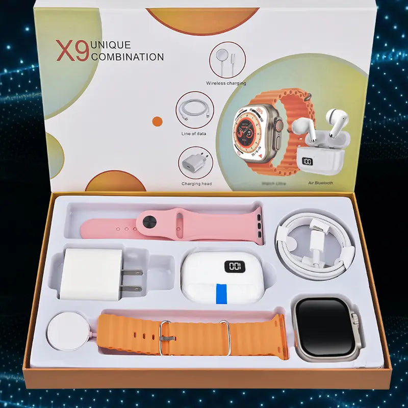 6-in-1 Smartwatch Kit – Watch, earbuds, fast charger, cable, adapter, and audio support.