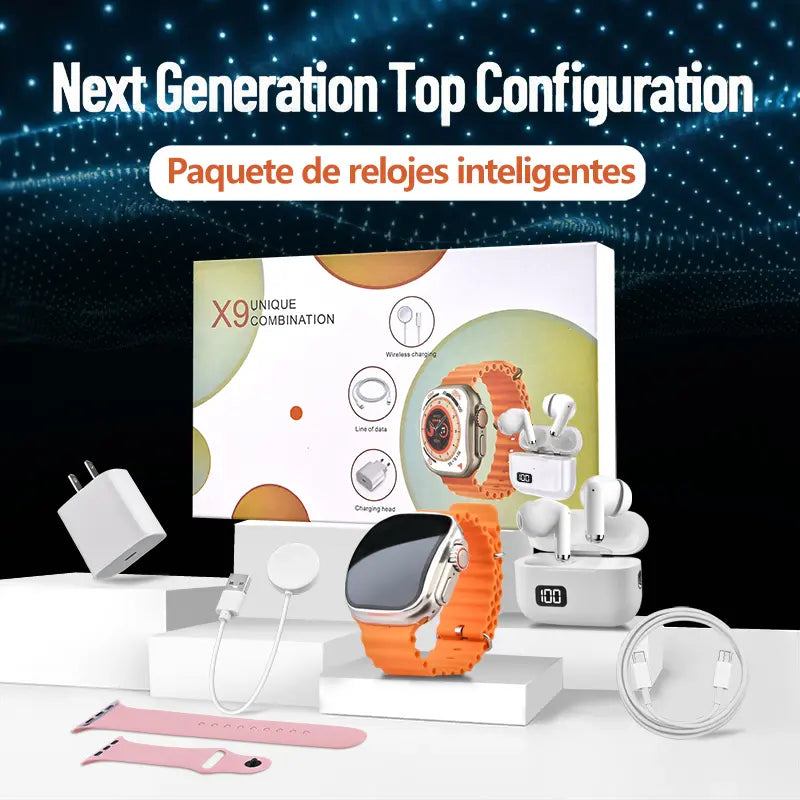 6-in-1 Smartwatch Kit – Watch, earbuds, fast charger, cable, adapter, and audio support.