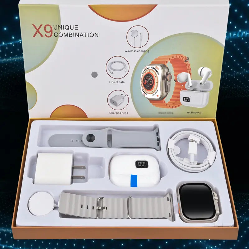 6-in-1 Smartwatch Kit – Watch, earbuds, fast charger, cable, adapter, and audio support.